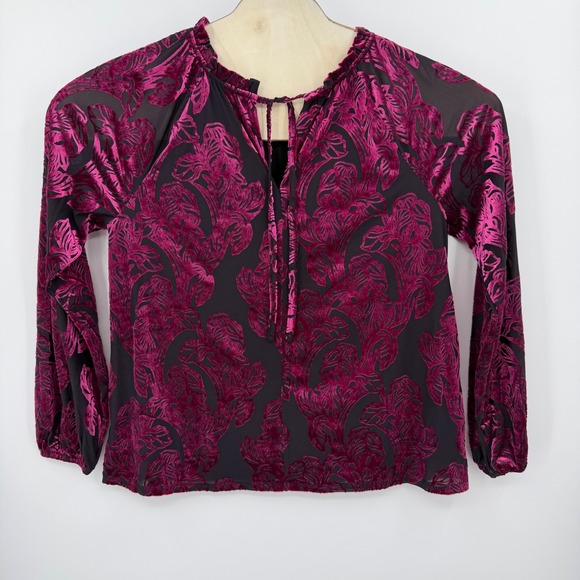 Cato Tops - Cato Magenta Pink Burnout Velvet Floral Blouse Black Sheer Mesh Top Women Medium